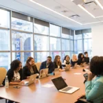 group of people sitting beside rectangular wooden table with laptops