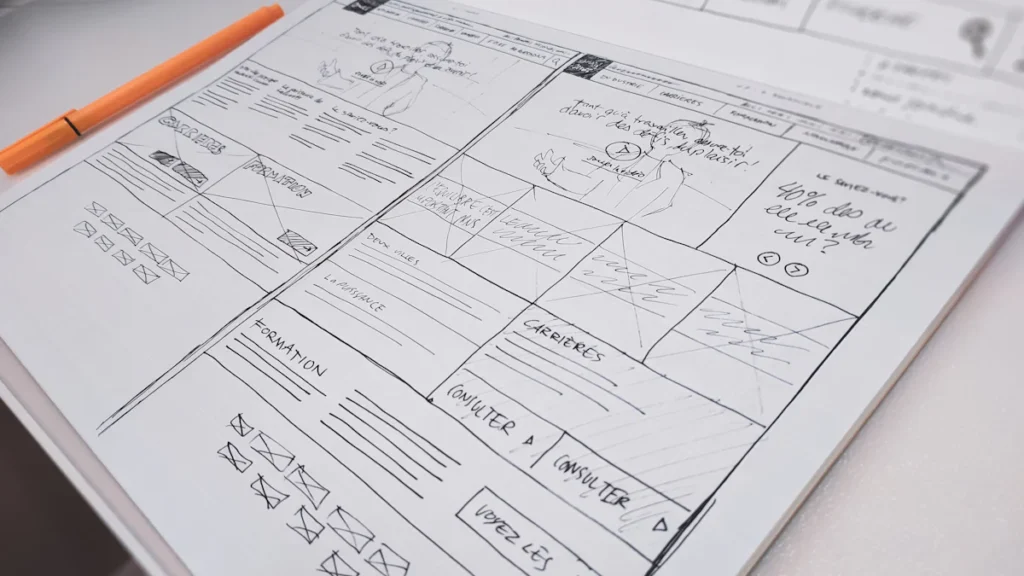 A hand-drawn website wireframe on paper with an orange pen on a desk
