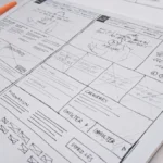 A hand-drawn website wireframe on paper with an orange pen on a desk