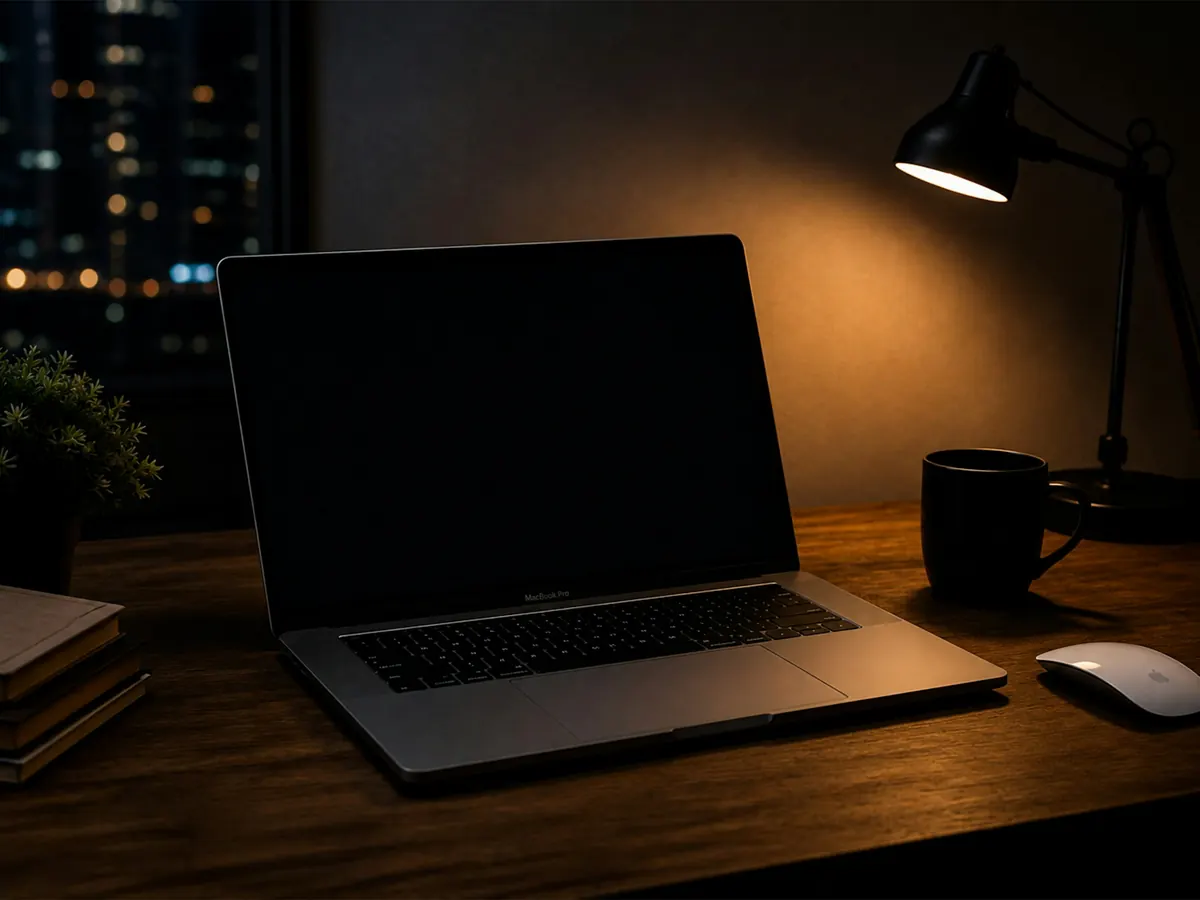 Laptop on a wooden desk under a warm lamp, with city lights through the window at night
