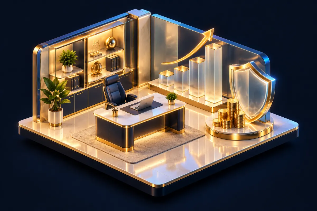 3D illustration of a financial office with coins, a growth chart and a shield