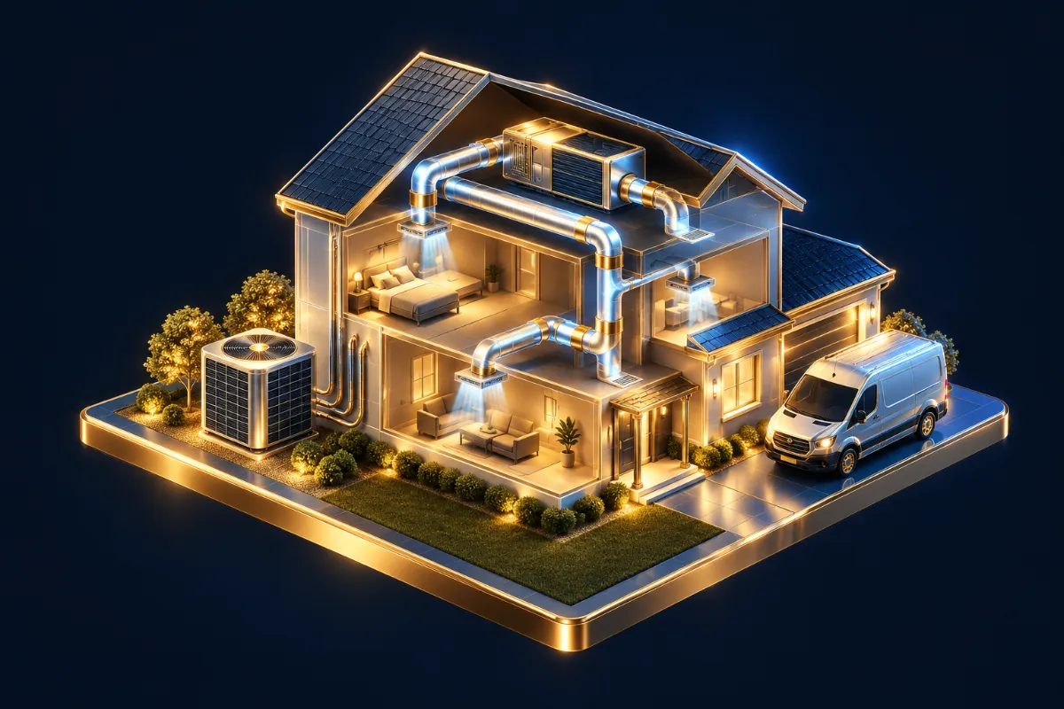 3D illustration of a house with an air conditioning unit and a service van