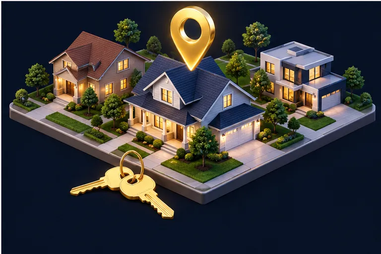 3D illustration of a neighborhood with a map pin and house keys