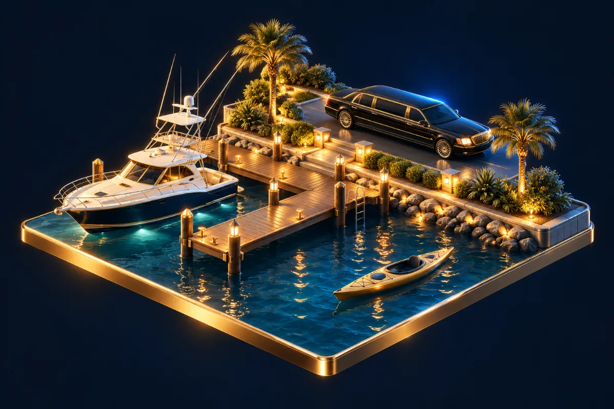 3D illustration of a fishing boat, a kayak and a limousine at a coastal dock