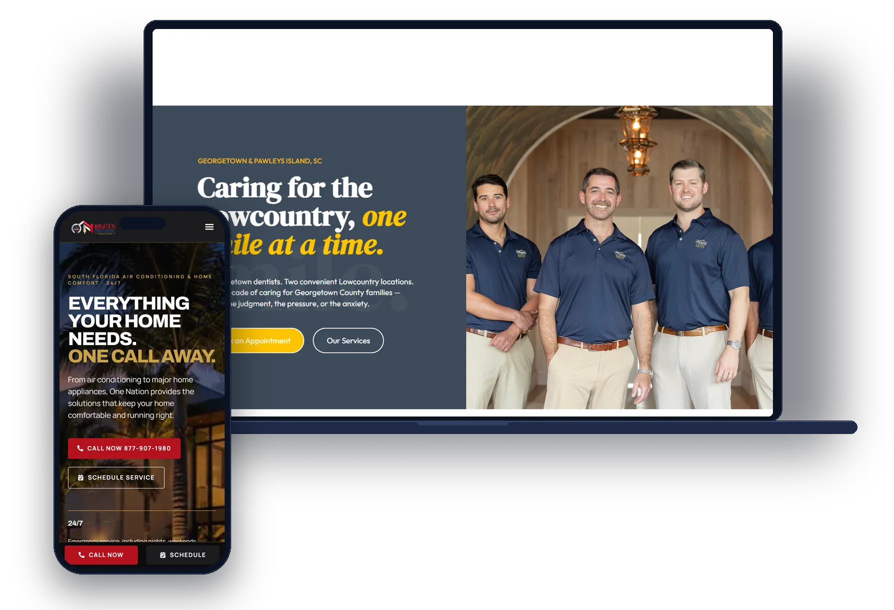 Laptop and phone showing the Winyah Dental Group and One Nation Home Comfort websites, both built by Shehzad Akram