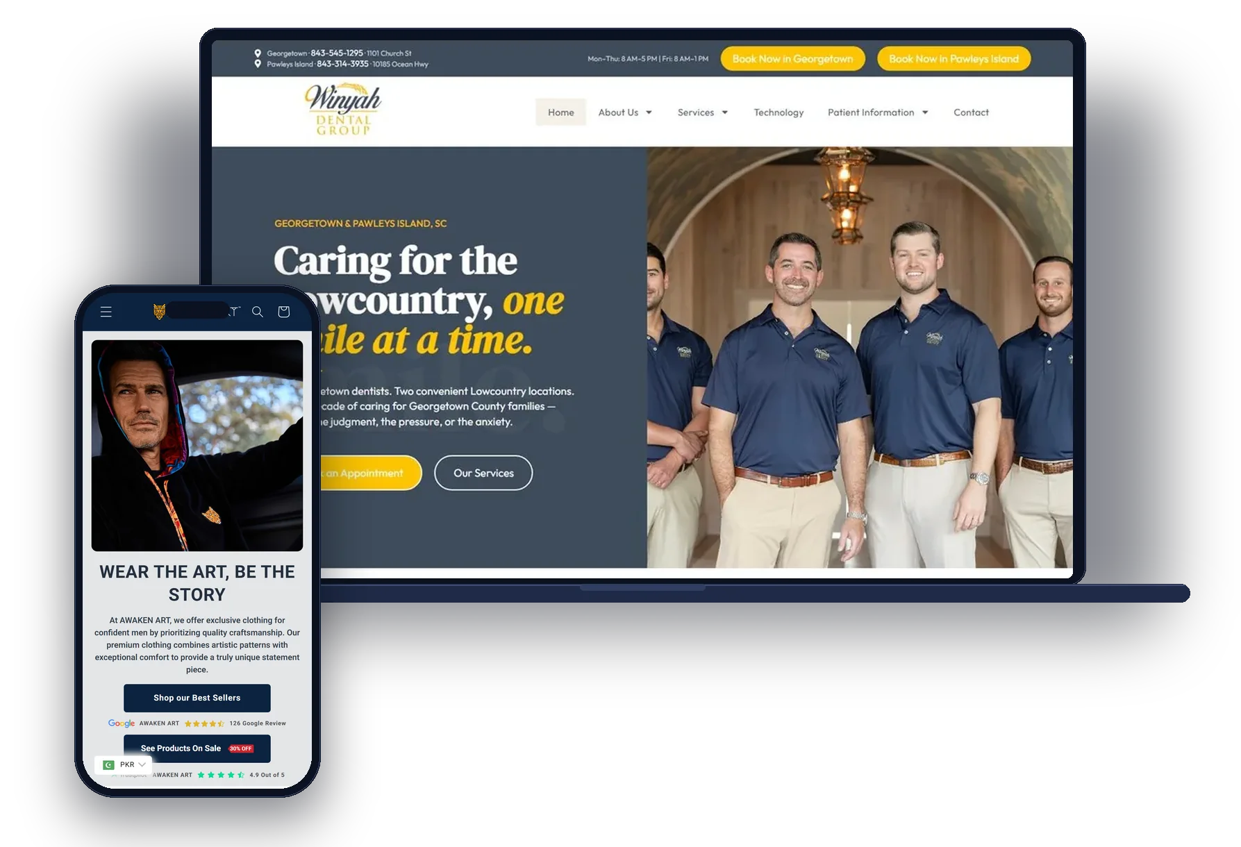 Laptop showing the Winyah Dental Group WordPress website and a phone showing the Awaken Art Shopify store, both built by Shehzad Akram