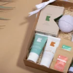 Subscription box of skincare products in kraft packaging, illustrating Shopify subscriptions