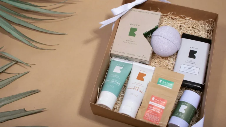 Subscription box of skincare products in kraft packaging, illustrating Shopify subscriptions