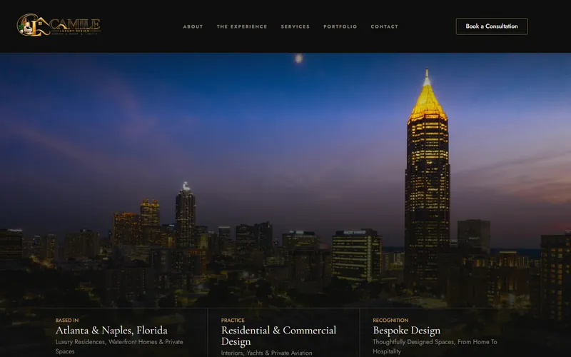 Home page of the Camile Luxury Design website