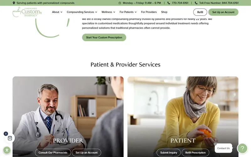 Home page of the Cherokee Custom Pharmacy website