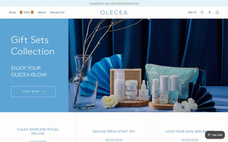 Home page of the Olecea Beauté website