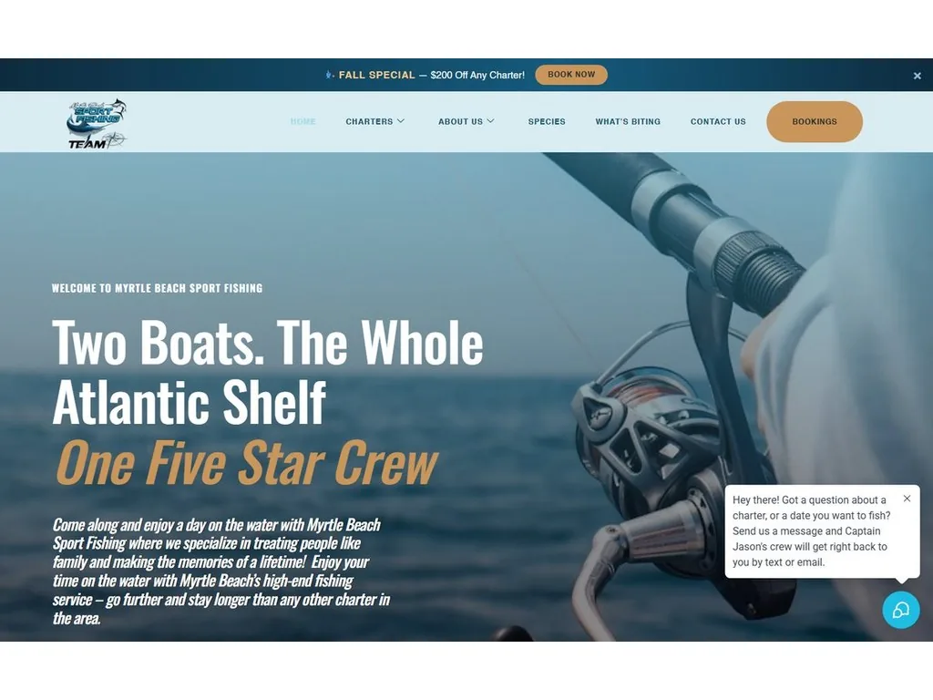 Screenshot of a charter fishing website with online booking