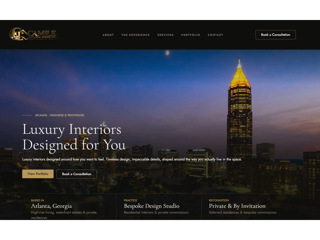 Screenshot of a luxury interior design website